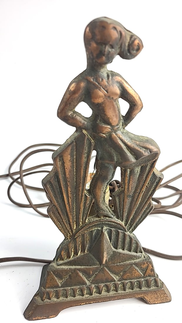 Art Deco Lamp - Metal Figurine Glass Backing Frame Vintage Bronze Finish Geometric Design - 8