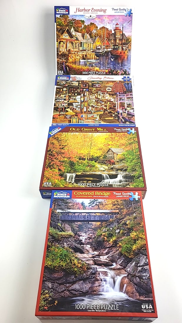 Lot of 4 White Mountain 1000 Piece Puzzle Sets - Harbor Evening, Country Store, Old Grist Mill, C... (1 of 5)