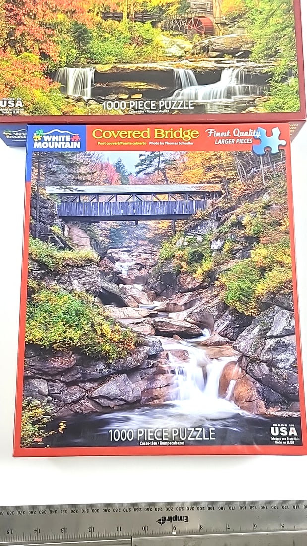 Lot of 4 White Mountain 1000 Piece Puzzle Sets - Harbor Evening, Country Store, Old Grist Mill, C... - 2