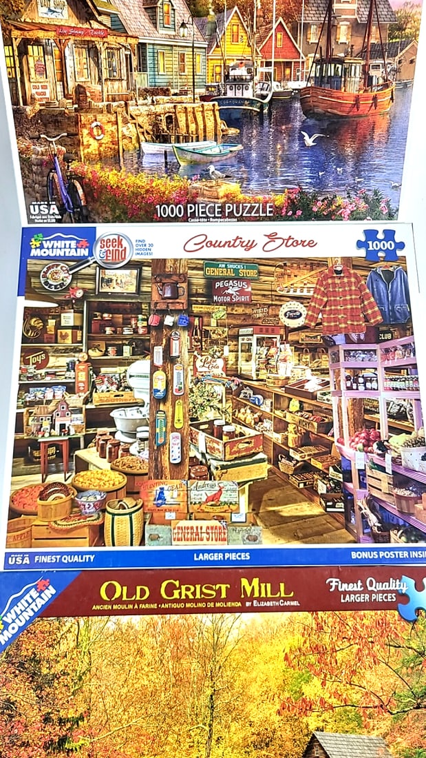 Lot of 4 White Mountain 1000 Piece Puzzle Sets - Harbor Evening, Country Store, Old Grist Mill, C... - 4