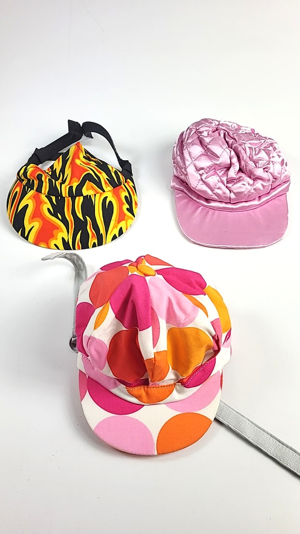 3x Medium Dog Greyhound Whippet Hats - Flame, Pink Satin, Retro Polka Dot- Velcro Closure - Made In: This is a general auction of estate goods. All items as as pictured. Local pick up will be on 3/14 at our warehouse in Sodo (3429 Airport Way S) from 10am-1pm. Items not picked up will be subjec