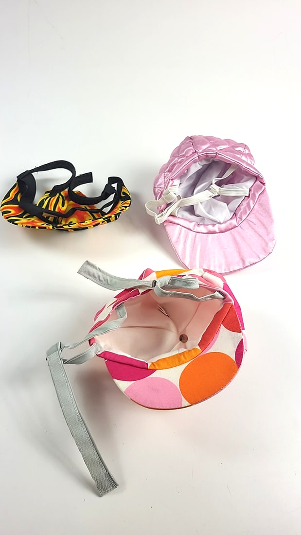 3x Medium Dog Greyhound Whippet Hats - Flame, Pink Satin, Retro Polka Dot- Velcro Closure - Made In - 5