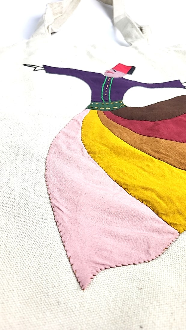 Patch Work Hand Made In Egypt 100% Cotton Tote Bag with Embroidered Whirling Dervish Design - 2