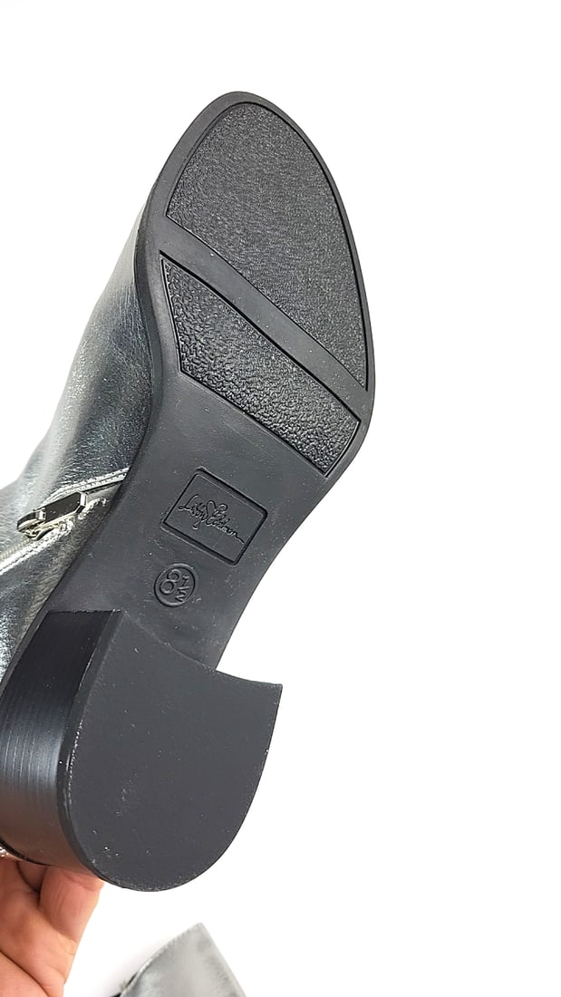 Libby Edelman 8.5 Womens Silver Ankle Boots Side Zipper Block Heel Shiny Metallic Style - 7