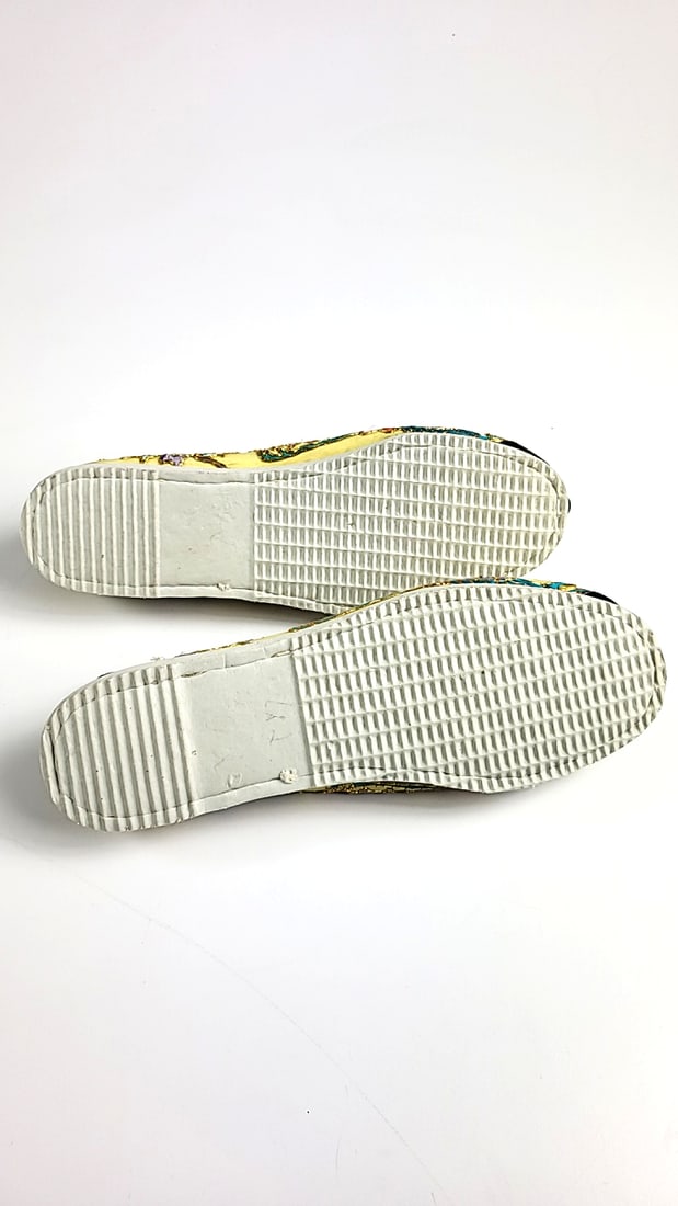 (1) Vintage Embroidered Chinese Opera House Slip-On Shoes Size 37 Yellow Multicolor Dragon Design - 6