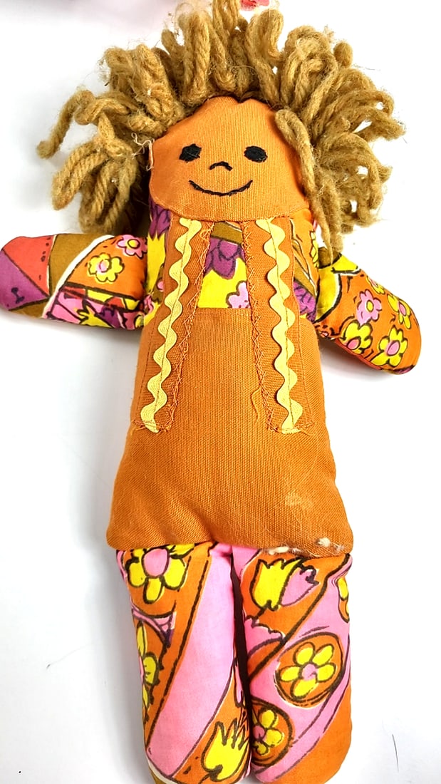 Vintage Handmade Rag Dolls Set of 4 Colorful Patchwork Fabric Knit Hair 60's-70's Retro Style - 2