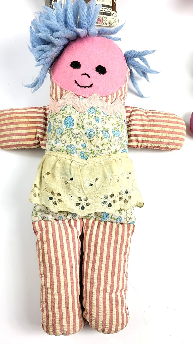 Vintage Handmade Rag Dolls Set of 4 Colorful Patchwork Fabric Knit Hair 60's-70's Retro Style - 3