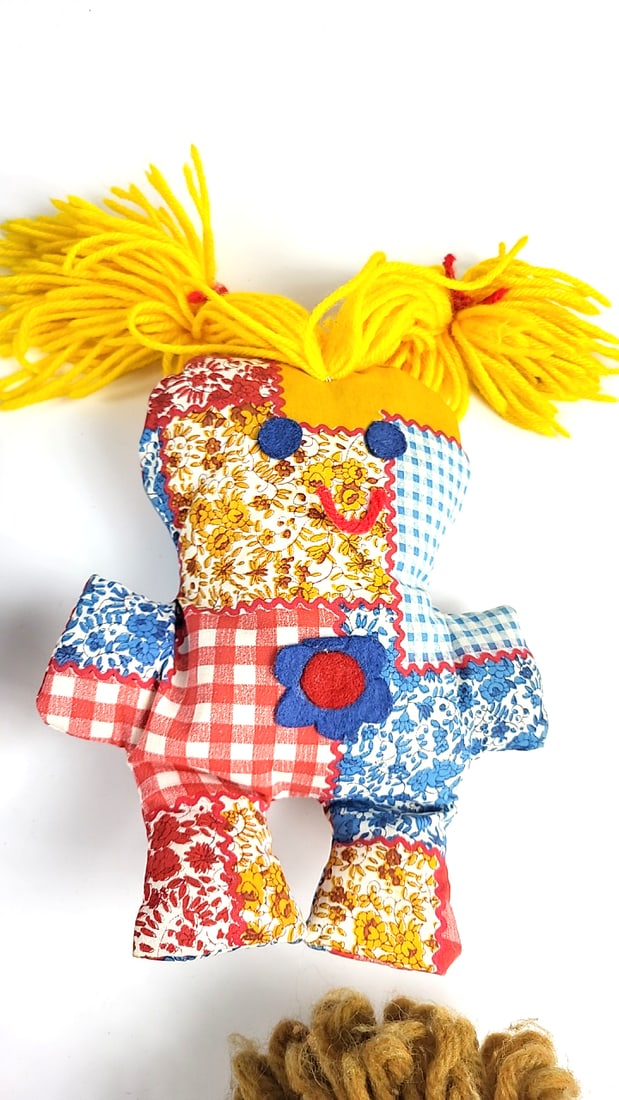 Vintage Handmade Rag Dolls Set of 4 Colorful Patchwork Fabric Knit Hair 60's-70's Retro Style - 4