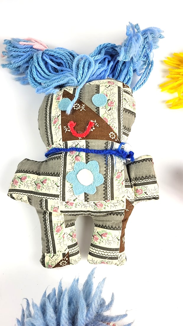 Vintage Handmade Rag Dolls Set of 4 Colorful Patchwork Fabric Knit Hair 60's-70's Retro Style - 5