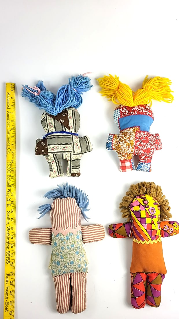 Vintage Handmade Rag Dolls Set of 4 Colorful Patchwork Fabric Knit Hair 60's-70's Retro Style - 6
