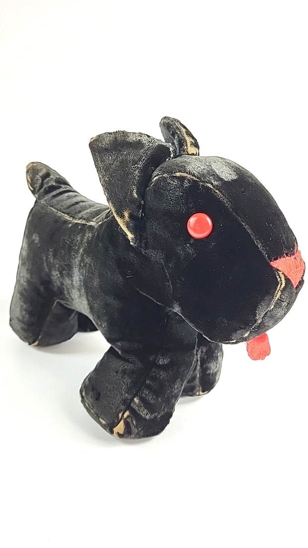 Vintage Suede Plush Dog Toy Black with Red Button Eyes and Tongue Retro Collectible (1 of 8)
