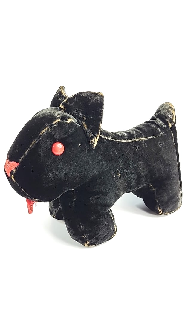 Vintage Suede Plush Dog Toy Black with Red Button Eyes and Tongue Retro Collectible - 2