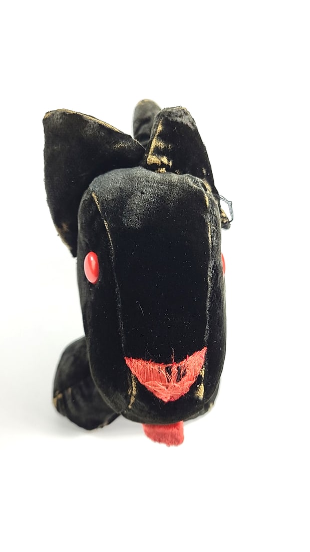 Vintage Suede Plush Dog Toy Black with Red Button Eyes and Tongue Retro Collectible - 3