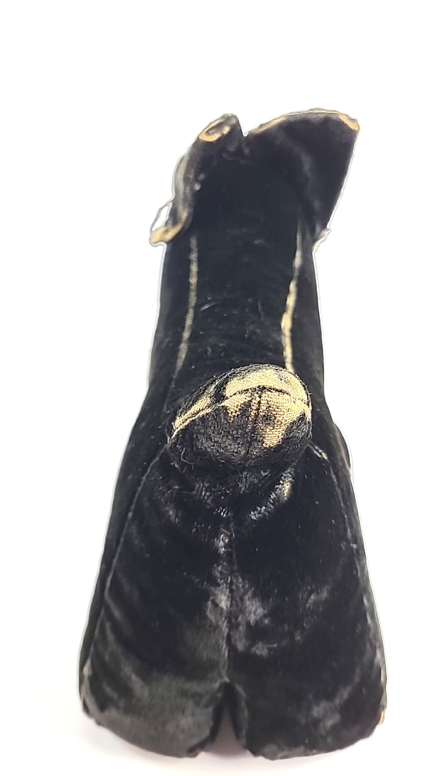 Vintage Suede Plush Dog Toy Black with Red Button Eyes and Tongue Retro Collectible - 4