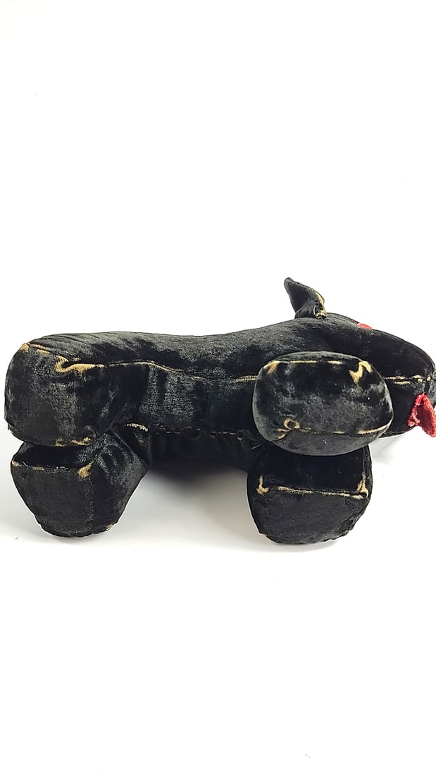 Vintage Suede Plush Dog Toy Black with Red Button Eyes and Tongue Retro Collectible - 5