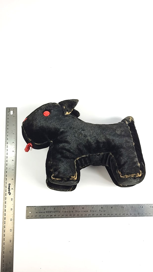 Vintage Suede Plush Dog Toy Black with Red Button Eyes and Tongue Retro Collectible - 6