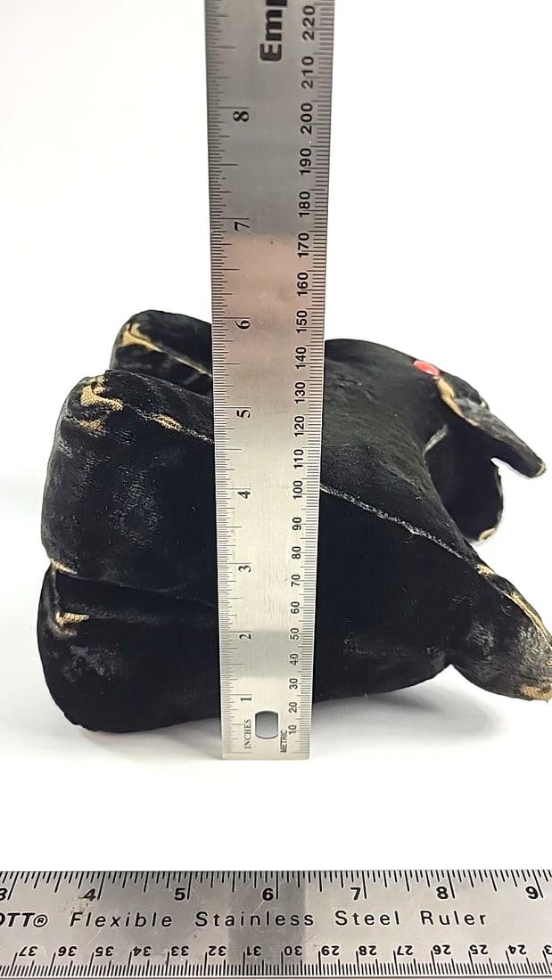 Vintage Suede Plush Dog Toy Black with Red Button Eyes and Tongue Retro Collectible - 7