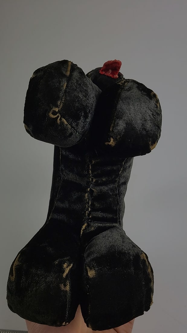 Vintage Suede Plush Dog Toy Black with Red Button Eyes and Tongue Retro Collectible - 8