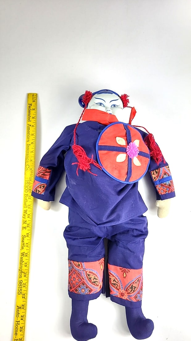 Vintage Asian Doll Blue With Ceramic Head, Costume Red Accents, Decorative Embroidery, Collectibl... - 11