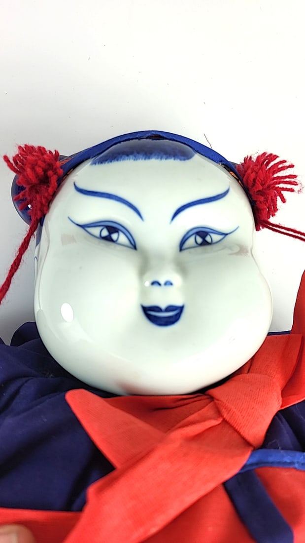 Vintage Asian Doll Blue With Ceramic Head, Costume Red Accents, Decorative Embroidery, Collectibl... - 2