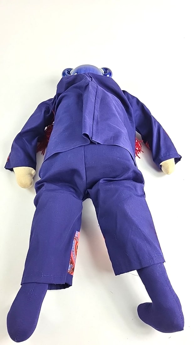 Vintage Asian Doll Blue With Ceramic Head, Costume Red Accents, Decorative Embroidery, Collectibl... - 6