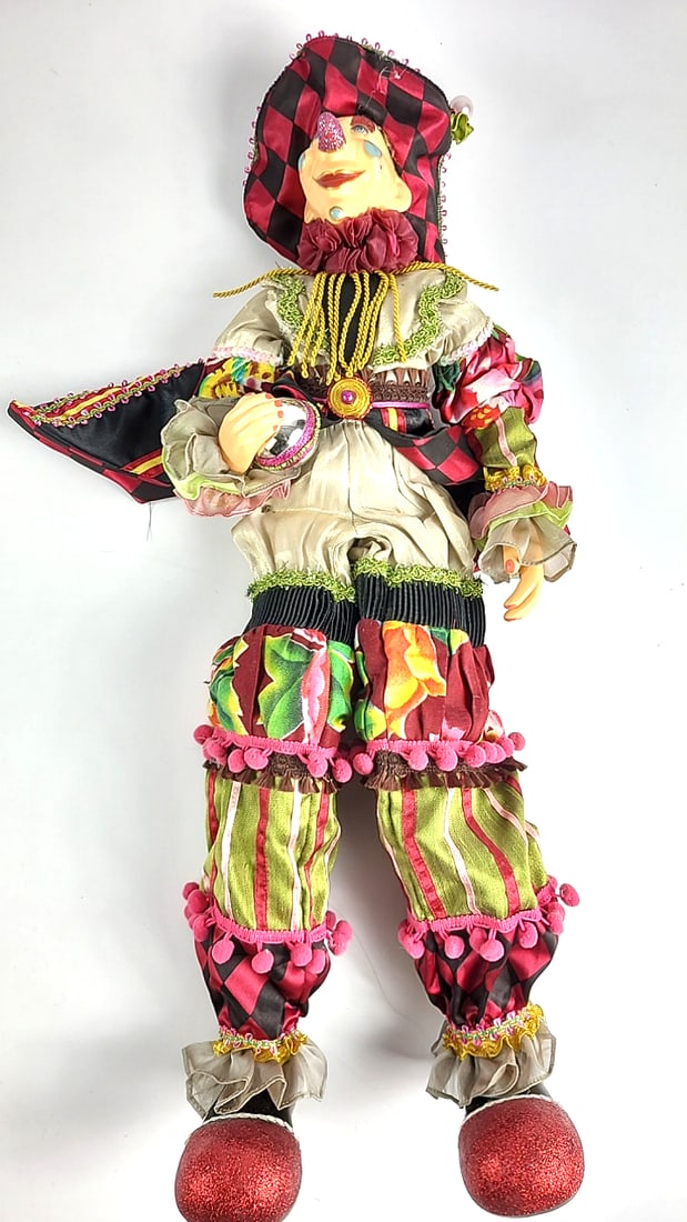 Porcelain Clown Doll Harlequin Jester Red Pom Costume Stripes and Diamonds 24" Figurine (1 of 8)