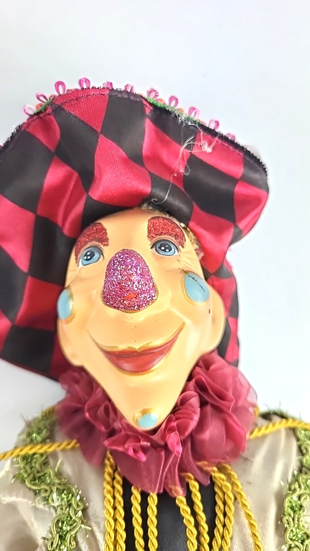 Porcelain Clown Doll Harlequin Jester Red Pom Costume Stripes and Diamonds 24" Figurine - 2