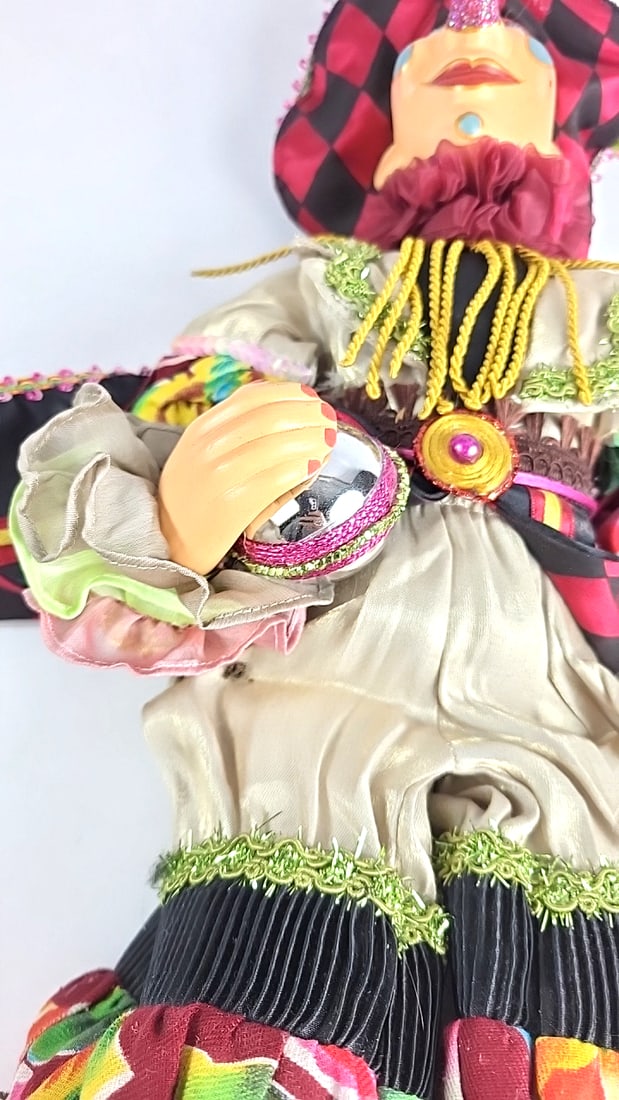 Porcelain Clown Doll Harlequin Jester Red Pom Costume Stripes and Diamonds 24" Figurine - 3