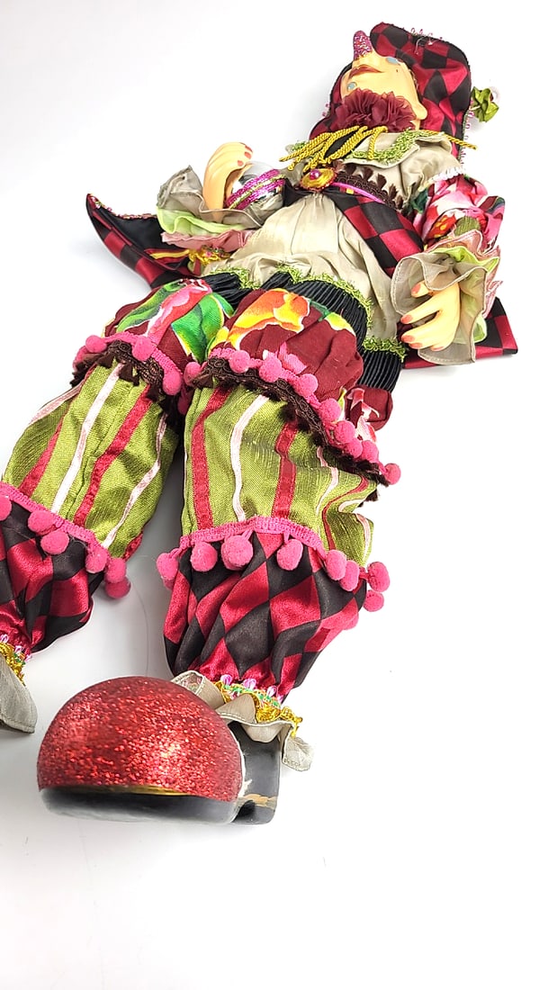 Porcelain Clown Doll Harlequin Jester Red Pom Costume Stripes and Diamonds 24" Figurine - 5