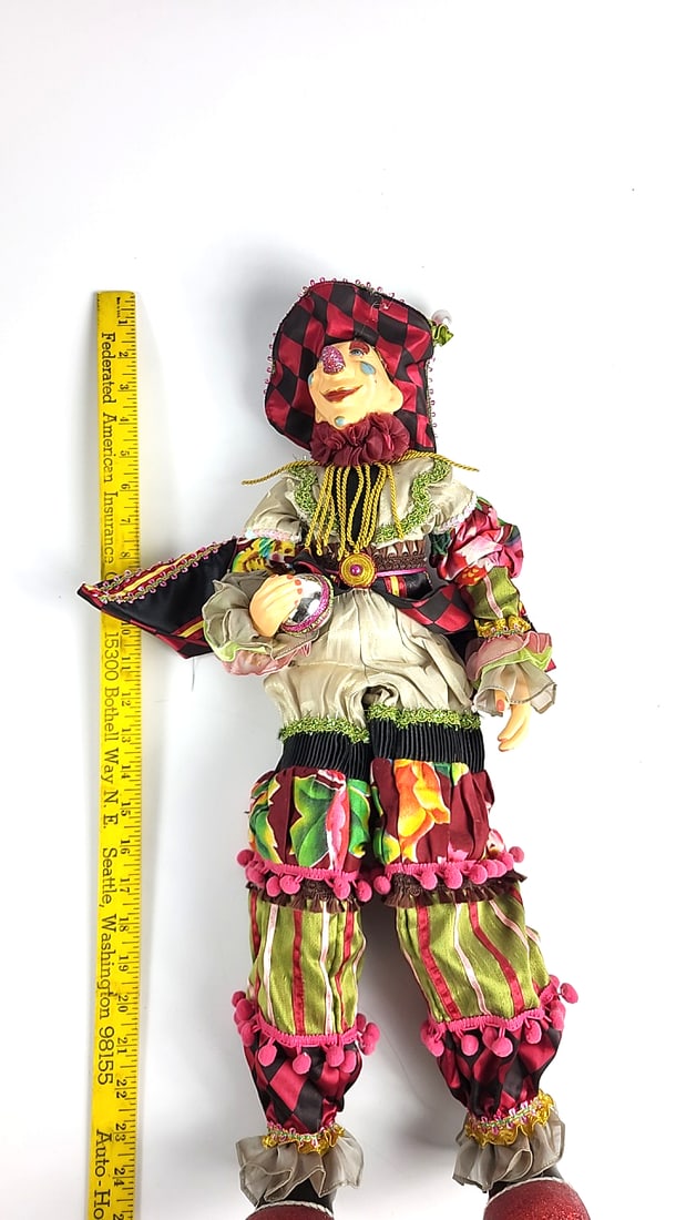 Porcelain Clown Doll Harlequin Jester Red Pom Costume Stripes and Diamonds 24" Figurine - 6