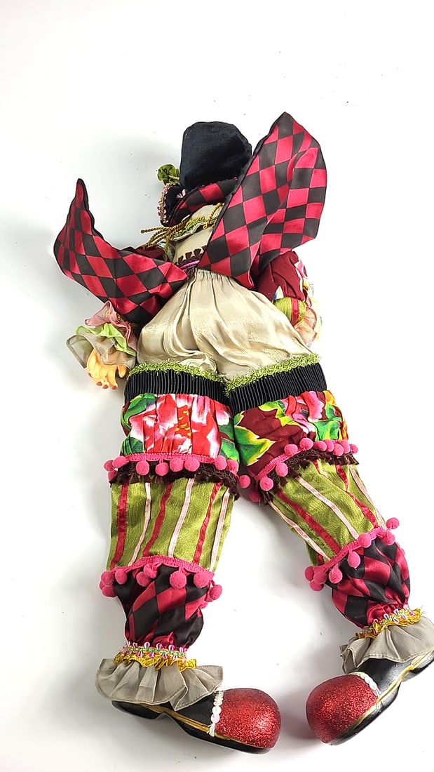 Porcelain Clown Doll Harlequin Jester Red Pom Costume Stripes and Diamonds 24" Figurine - 7