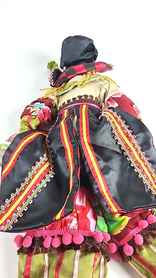 Porcelain Clown Doll Harlequin Jester Red Pom Costume Stripes and Diamonds 24" Figurine - 8