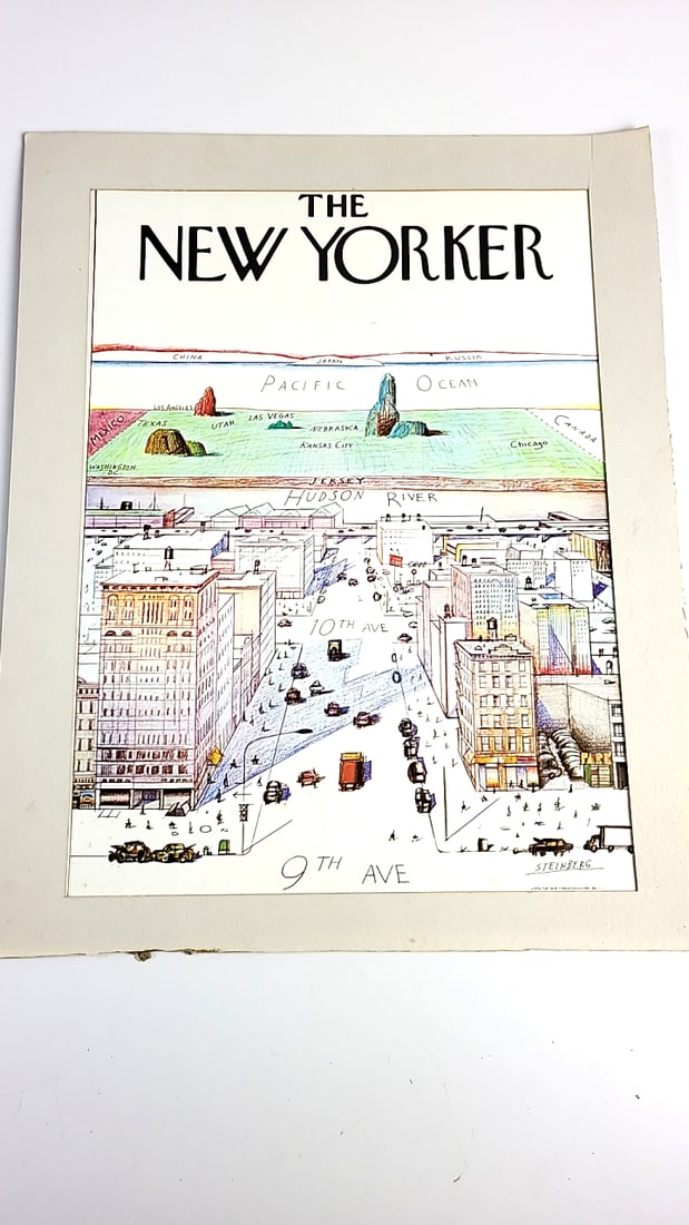 The New Yorker Cover Print by Steinberg, 9th Ave, Hudson River, Pacific Ocean Illustration: This is a general auction of estate goods. All items as as pictured. Local pick up will be on 3/14 at our warehouse in Sodo (3429 Airport Way S) from 10am-1pm. Items not picked up will be subjec
