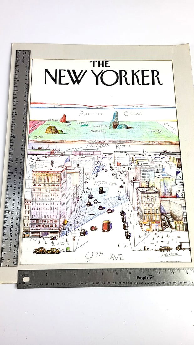 The New Yorker Cover Print by Steinberg, 9th Ave, Hudson River, Pacific Ocean Illustration - 4