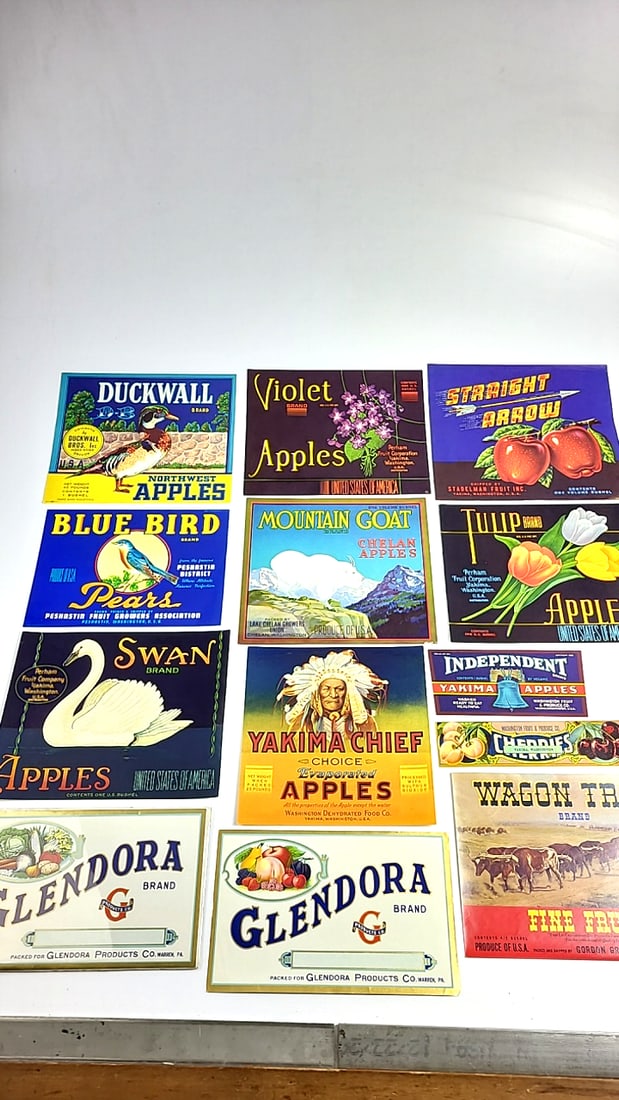 Vintage Fruit Crate Labels: Duckwall, Glendora, Independent, Yakima Chief, Swan, Tulip, Violet: This is a general auction of estate goods. All items as as pictured. Local pick up will be on 3/14 at our warehouse in Sodo (3429 Airport Way S) from 10am-1pm. Items not picked up will be subjec