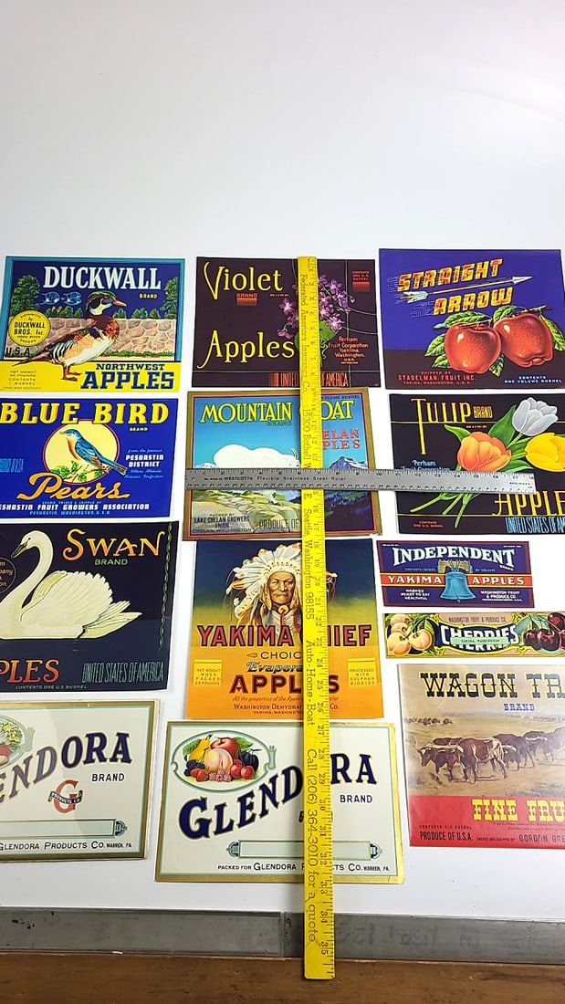 Vintage Fruit Crate Labels: Duckwall, Glendora, Independent, Yakima Chief, Swan, Tulip, Violet - 8