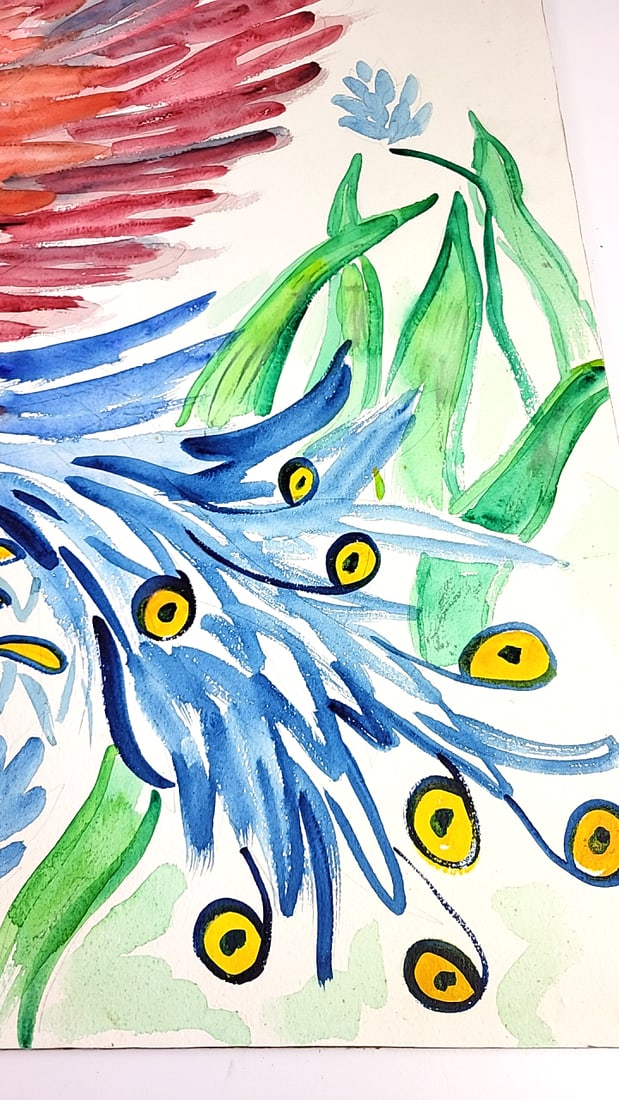 Abstract Peacock Oil On Board Painting 30" x 21" Unknown - 3