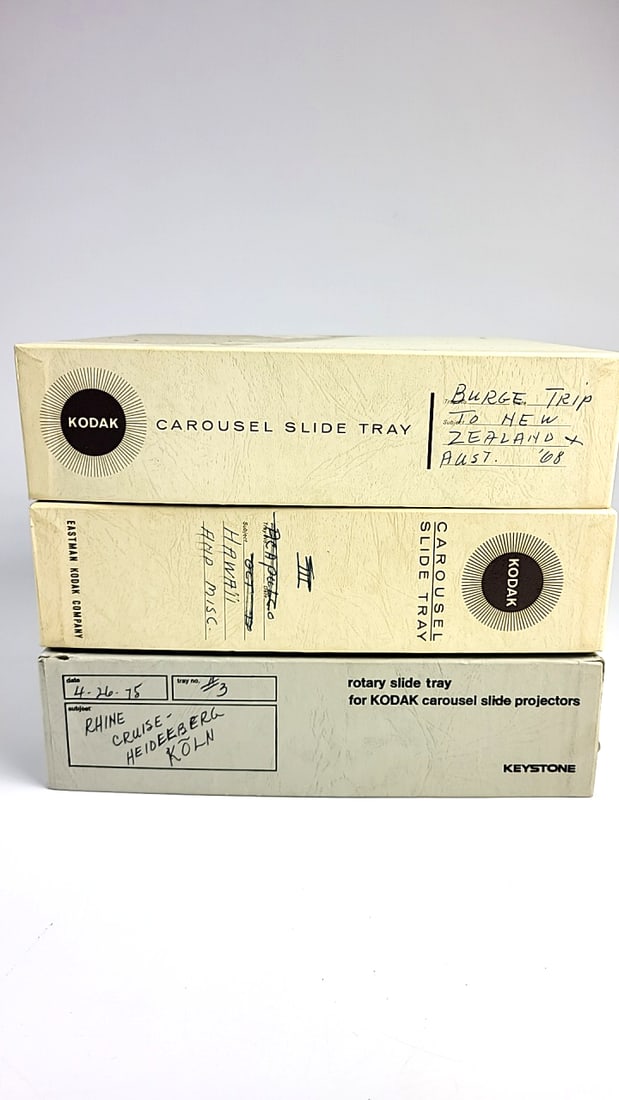 3x Vintage Kodak Carousel Slide Tray Lot - New Zealand 1968, Hawaii, Rhine Cruise Slides See Labels: This is a general auction of estate goods. All items as as pictured. Local pick up will be on 3/14 at our warehouse in Sodo (3429 Airport Way S) from 10am-1pm. Items not picked up will be subjec to a