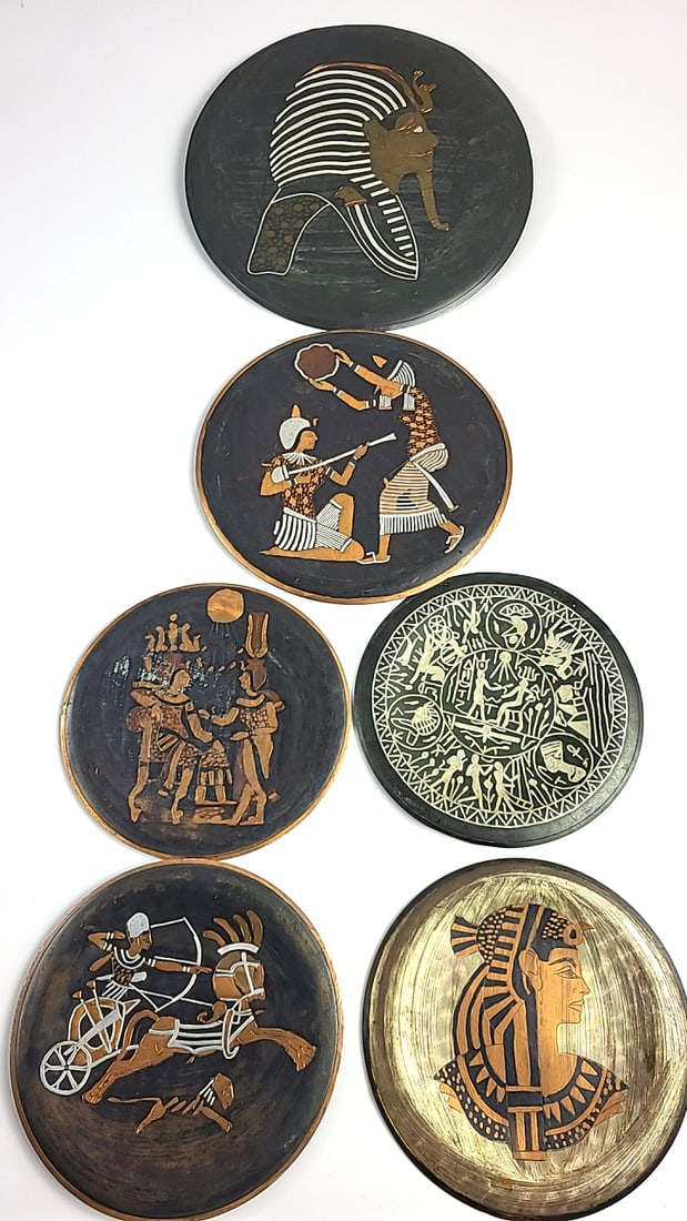 Egyptian Themed Decorative Plates On Copper - Set of 6 - Pharaoh, Hieroglyphics, Chariot Designs: This is a general auction of estate goods. All items as as pictured. Local pick up will be on 3/14 at our warehouse in Sodo (3429 Airport Way S) from 10am-1pm. Items not picked up will be subjec