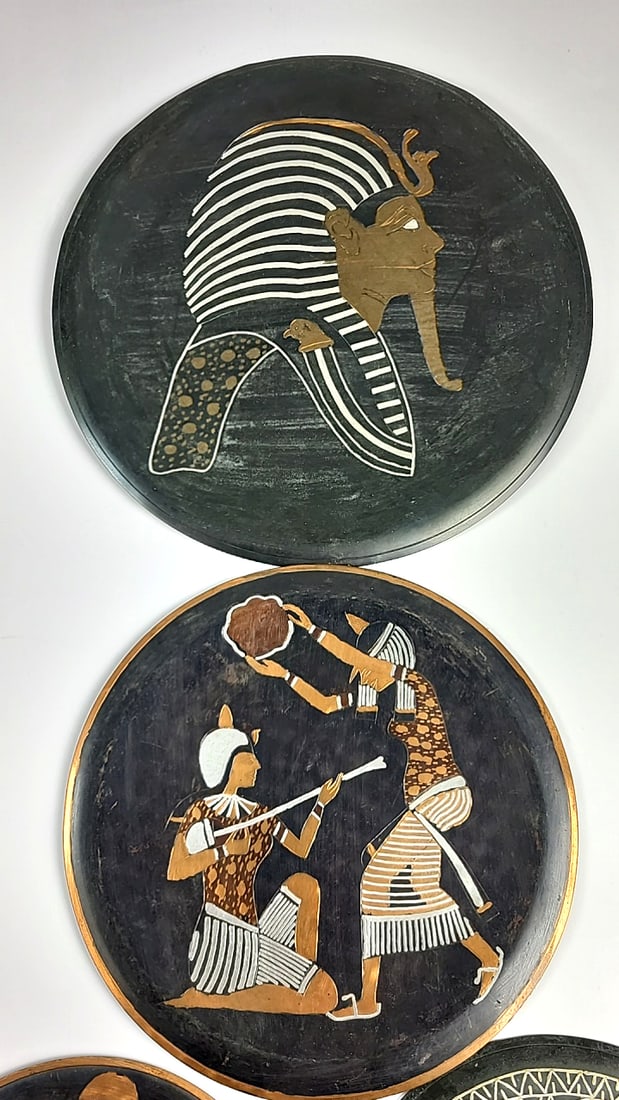 Egyptian Themed Decorative Plates On Copper - Set of 6 - Pharaoh, Hieroglyphics, Chariot Designs - 2