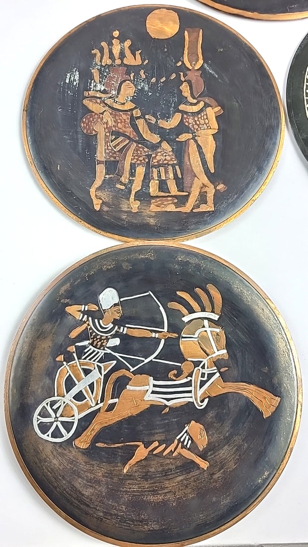 Egyptian Themed Decorative Plates On Copper - Set of 6 - Pharaoh, Hieroglyphics, Chariot Designs - 3