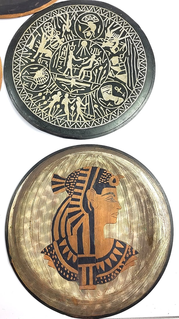Egyptian Themed Decorative Plates On Copper - Set of 6 - Pharaoh, Hieroglyphics, Chariot Designs - 4