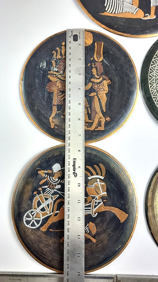 Egyptian Themed Decorative Plates On Copper - Set of 6 - Pharaoh, Hieroglyphics, Chariot Designs - 5