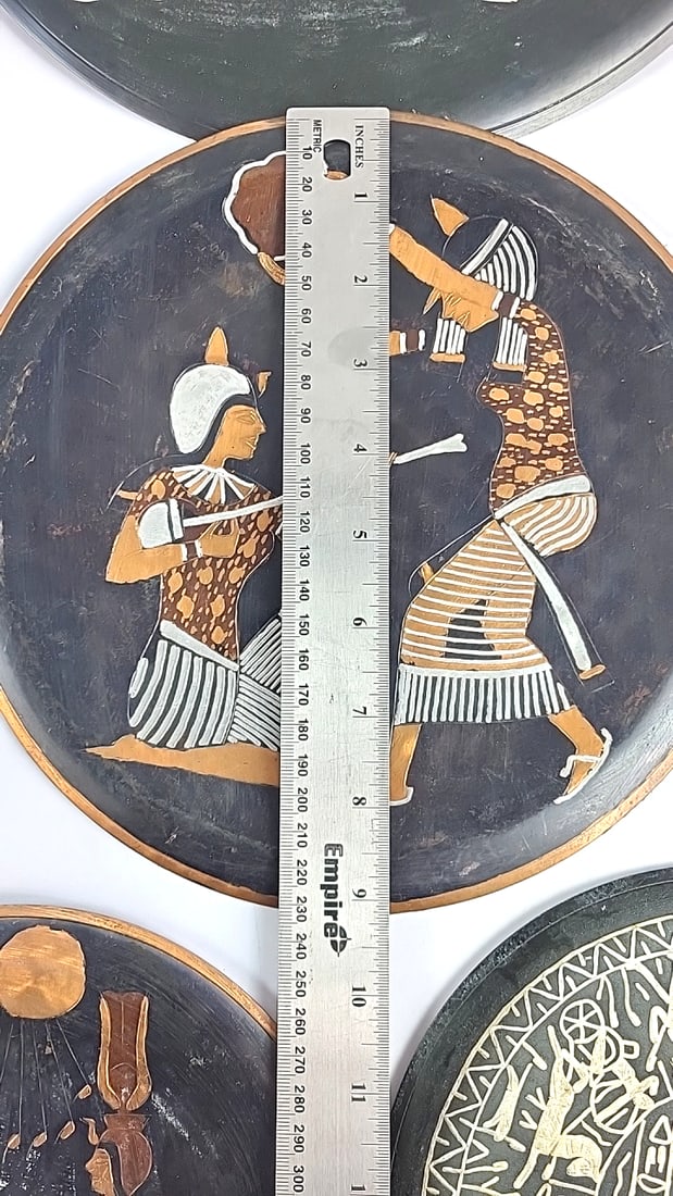 Egyptian Themed Decorative Plates On Copper - Set of 6 - Pharaoh, Hieroglyphics, Chariot Designs - 6