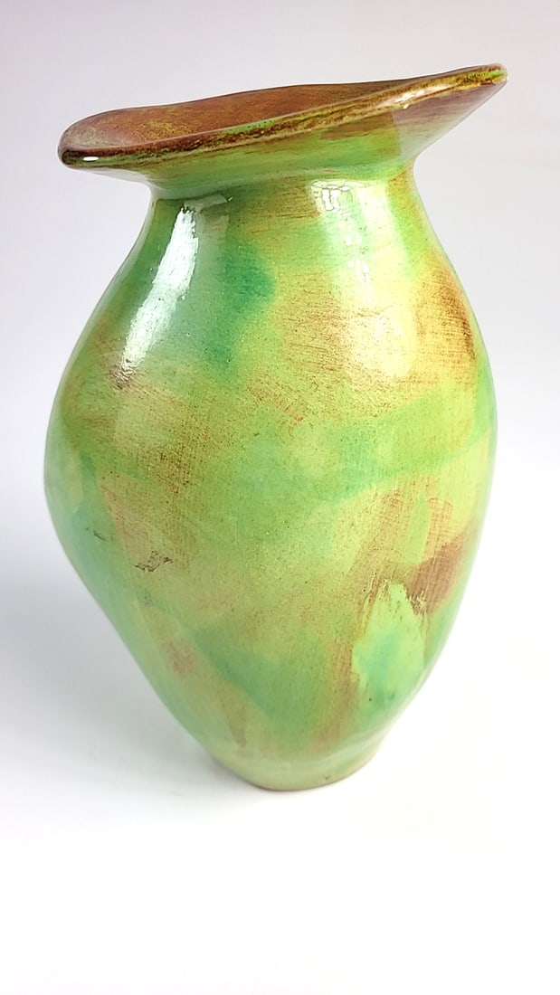 Vintage Handcrafted Green-Glazed Ceramic Vase with Wide Brim - Signed By Artist See Pics ðŸ - 2