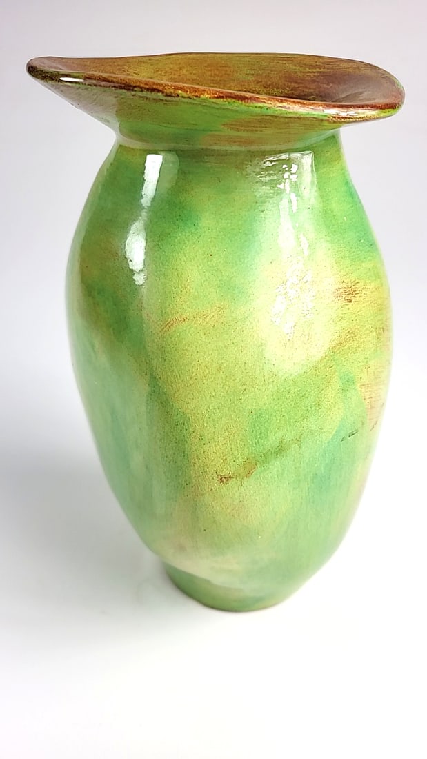 Vintage Handcrafted Green-Glazed Ceramic Vase with Wide Brim - Signed By Artist See Pics ðŸ - 3