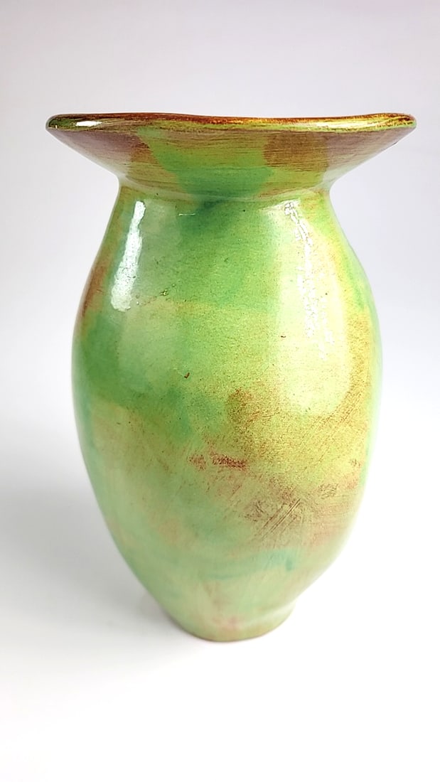 Vintage Handcrafted Green-Glazed Ceramic Vase with Wide Brim - Signed By Artist See Pics ðŸ - 5