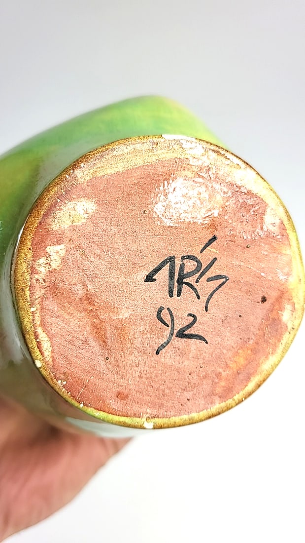 Vintage Handcrafted Green-Glazed Ceramic Vase with Wide Brim - Signed By Artist See Pics ðŸ - 8