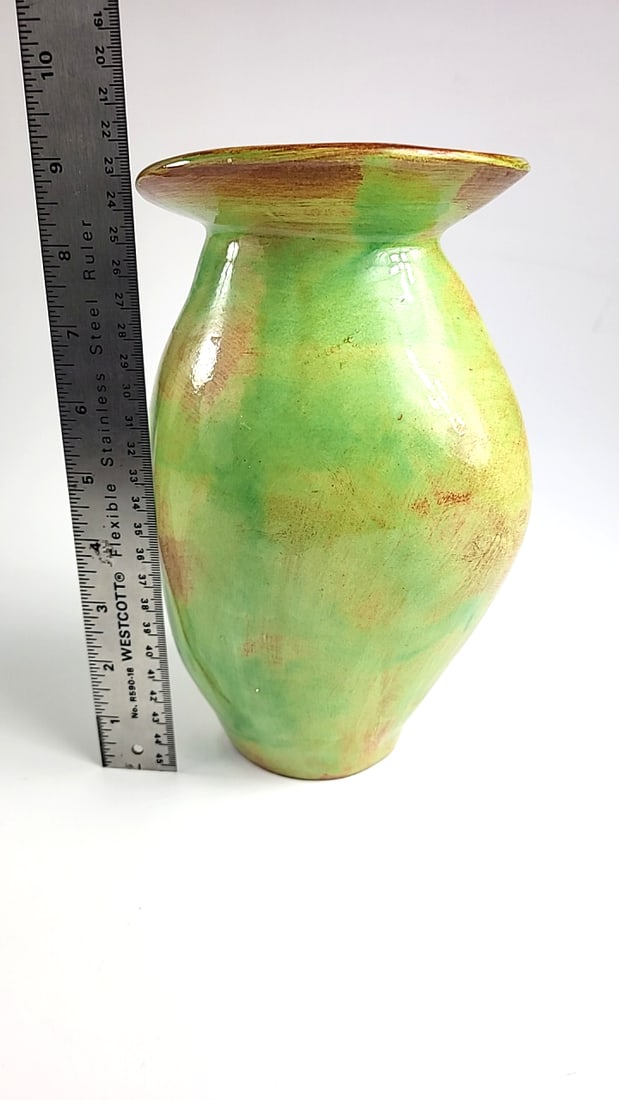 Vintage Handcrafted Green-Glazed Ceramic Vase with Wide Brim - Signed By Artist See Pics ðŸ - 9