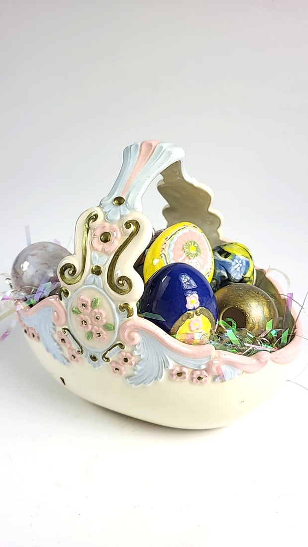 Vintage Ceramic Easter Egg Basket with 10 Unique Ceramic Eggs - Floral Design - Pastel Colors - S... (1 of 8)